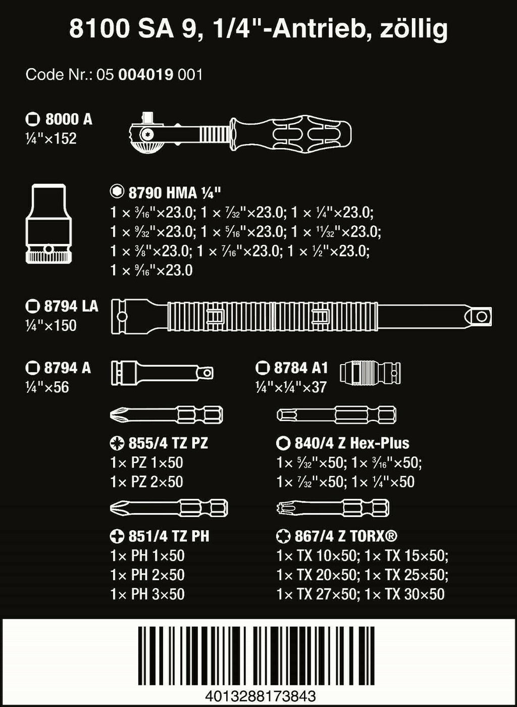 Wera 8100 SA 9 Zyklop Speed Ratchet Set 1/4" Drive SAE 05004019001
