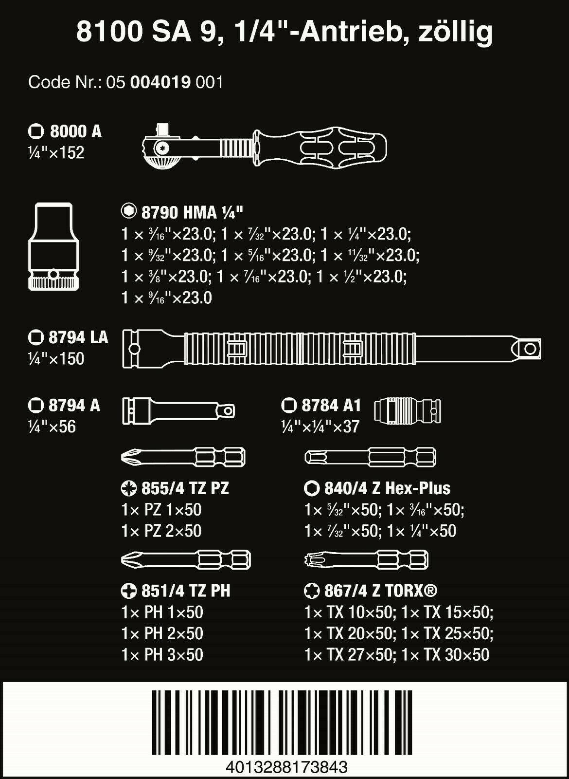 Wera 8100 SA 9 Zyklop Speed Ratchet Set 1/4" Drive SAE 05004019001