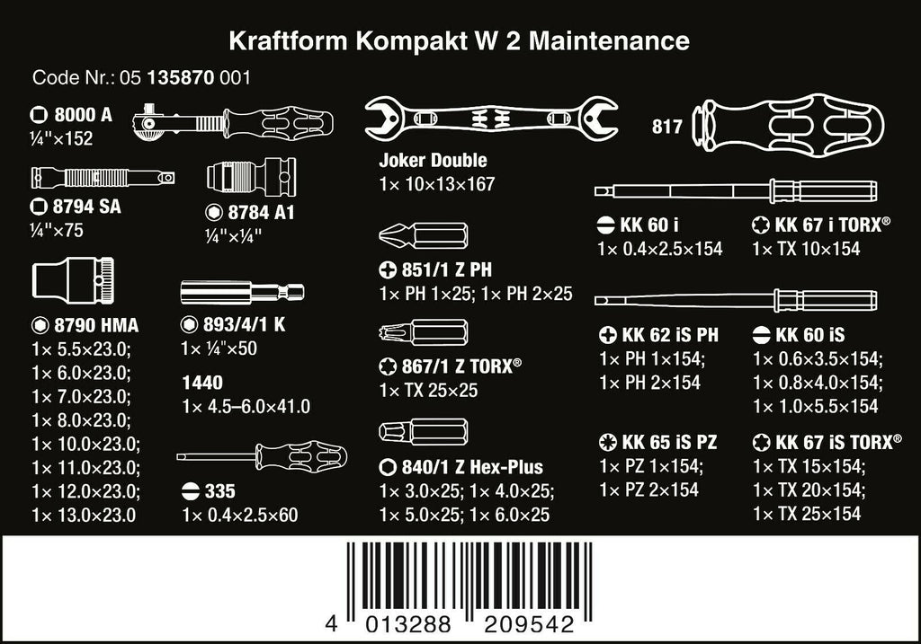 Wera Kraftform Kompakt Maintenance W1 USA Set Metric 35 Pieces 05135870001